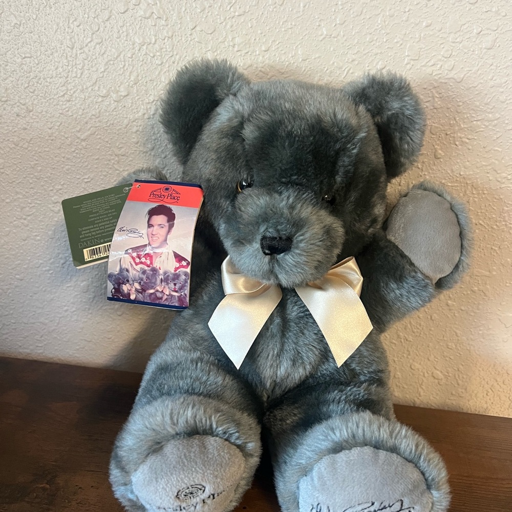 Gray Plush Teddy Bear with Cream Bow